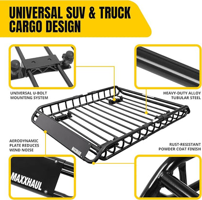 MaxxHaul Steel Roof Rack Cargo Basket, 46" x 36" x 4.5" Roof Top Carrier, Universal Fit for Cars, SUVs, Vans, and RVs, 150 lb Capacity, Weather-Resistant Easy-Install Cargo Storage (70115)