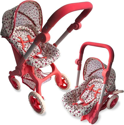 Baby Doll Car Seat Stroller Combo – Convertible 2 in 1 Doll Stroller and Car Seat for Kids – Fits Up to 20” Dolls – Play Toy Baby Stroller with Adjustable Handle for Girls Toddlers All Ages (Floral)