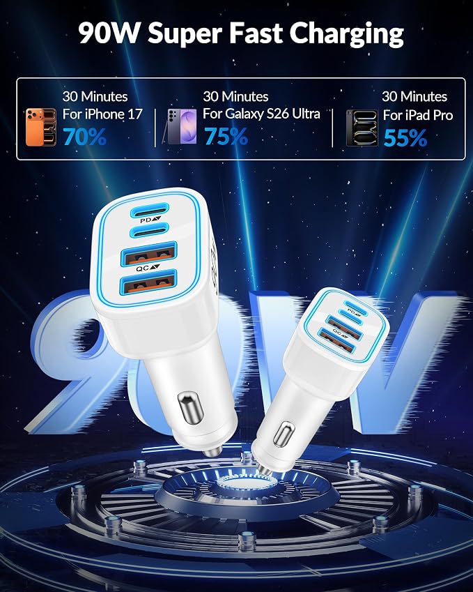 iPhone 17 16 15 Car Charger, 90W 4-Port Fast USB C Car Charger Cigarette Lighter Adapter with 3FT Type C to C Cable for iPhone 17/17 Pro/17 Pro Max/17e/Air/16/16 Pro/16e/15 Pro Max/Plus, iPad, Android