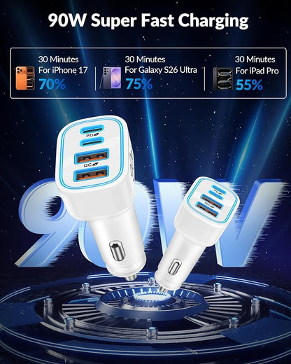 iPhone 17 16 15 Car Charger, 90W 4-Port Fast USB C Car Charger Cigarette Lighter Adapter with 3FT Type C to C Cable for iPhone 17/17 Pro/17 Pro Max/17e/Air/16/16 Pro/16e/15 Pro Max/Plus, iPad, Android