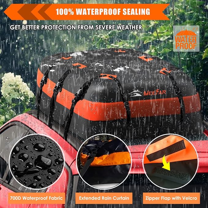Car Roof Bag XBEEK Rooftop top Cargo Carrier Bag 20 Cubic feet Waterproof for All Cars with/Without Rack, Includes Anti-Slip Mat, 10 Reinforced Straps, 6 Door Hooks, Luggage Lock