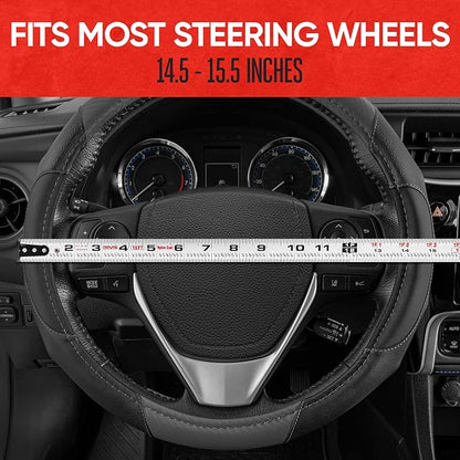 Motor Trend GripDrive Gray Carbon Fiber Steering Wheel Cover, Standard 15 inch Size, Black Faux Leather Comfort Grip, Car Steering Wheel Cover for Auto Truck Van SUV