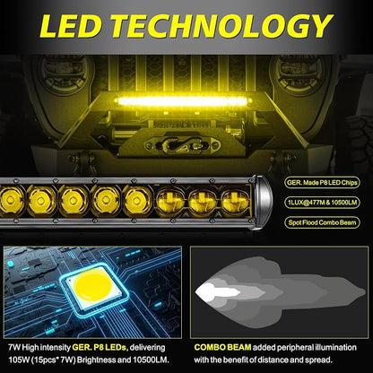 20 Inch Amber Light Bar 105W OSRAM LED Slim Single Row Light Kit w/Wiring Harness Black Cover Spot Flood Combo Off Road Driving Bumper Grill Lights for Trucks Pickup SUV UTV ATV Snowmobile