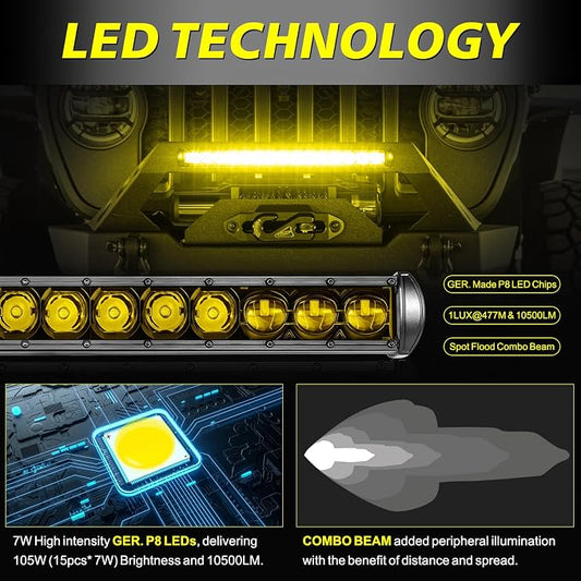 20 Inch Amber Light Bar 105W OSRAM LED Slim Single Row Light Kit w/Wiring Harness Black Cover Spot Flood Combo Off Road Driving Bumper Grill Lights for Trucks Pickup SUV UTV ATV Snowmobile