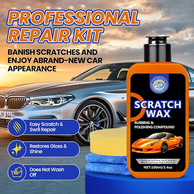 CYTITZNH Scratch Remover Wax – Restore Car Paint, Remove Scratches, Scuffs & Swirls, Safe for All Paint Finishes, Easy DIY with Buffer Pad & Towel, 100ML/3.4oz