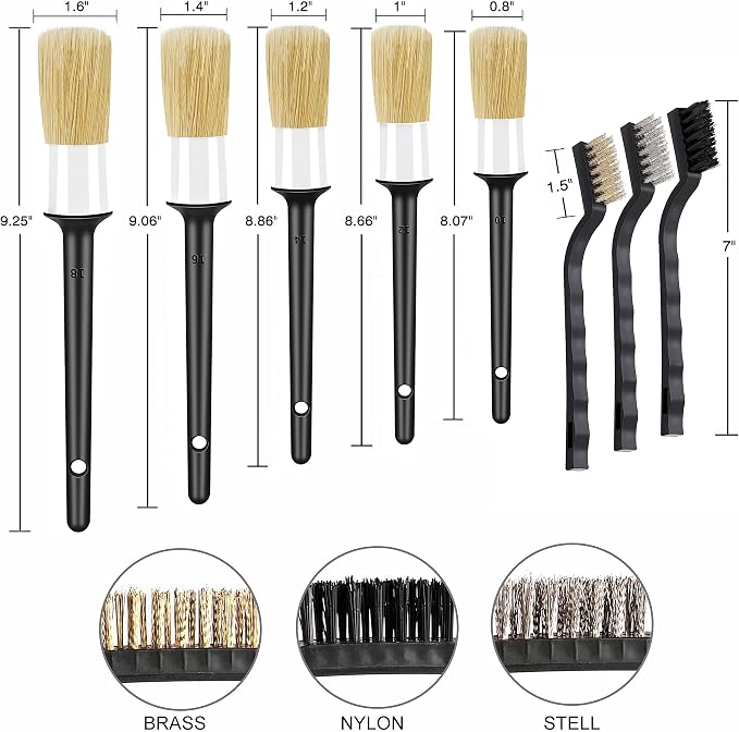 HMPLL 10pcs Car Detailing Kit, Premium Detailing Brush Set Includes 5 Soft Car Detailing Brushes, 3 Wire Brush, 2 Air Vent Brush for Cleaning Car Interior and Exterior Detailing, White