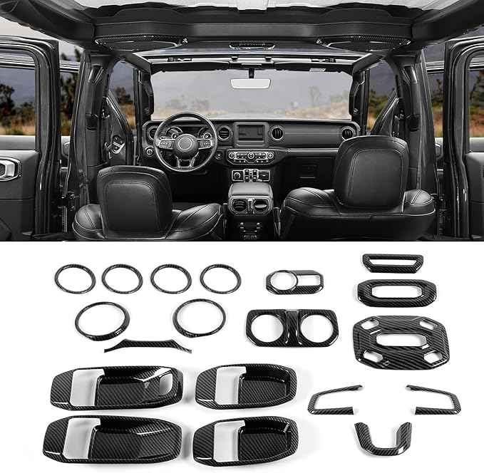 21PCS Full Set Interior Trim Kit for 2018-2023 Jeep Wrangler JL JLU,Side Outlet Door Handle Bowl Roof Reading Light Cover Trim (Carbon Fiber)