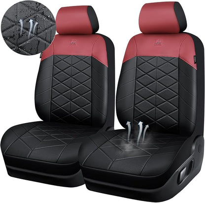 CAR PASS Memory Foam Leather Front Seat Covers, Breathable Perforated Nappa Leather Seat Covers Universal Fit for Cars,SUV,Truck Seat Covers Thick 3D Foam Comfort, Airbag Compatible Black Burgundy Red