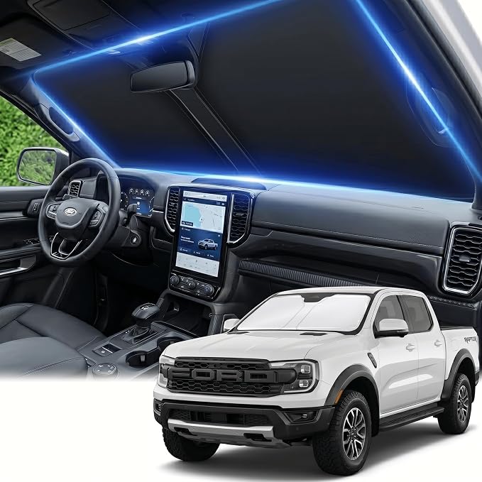 Windshield Sun Shade for Ford Ranger 2019-2024 2025 2026 Sunshade Front Window Shade Custom Fit Ranger Accessories Sun Visor Foldable Shade Blocks UV Rays Accessories