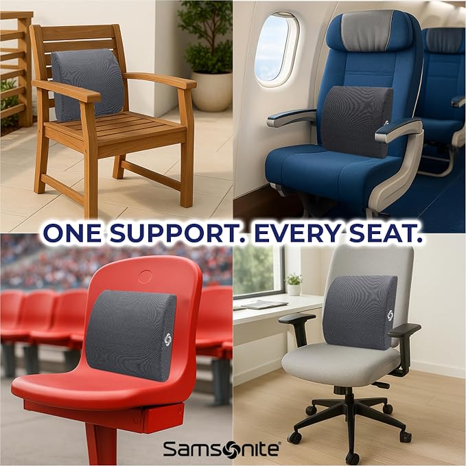 Samsonite Ergonomic Lumbar Pillow for Office Chair and Car Seat - Memory Foam Back Support Lumbar Pillow, Premium Cushion Chair Support for Lower Back Pain Relief and Versatile Use (Dark Grey)