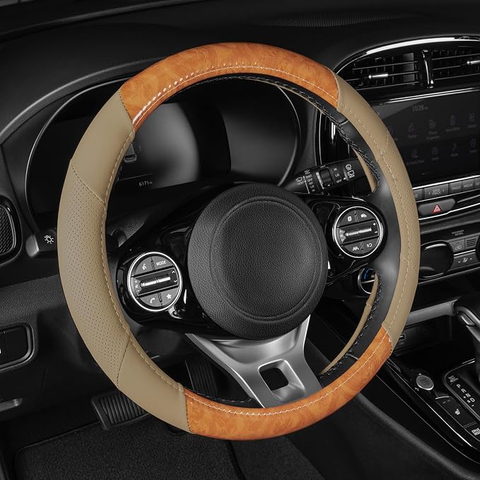 BDK BurlwoodLux Wood Grain and PU Leather Beige Steering Wheel Cover - Sport Grip for Car Auto SUV Trucks