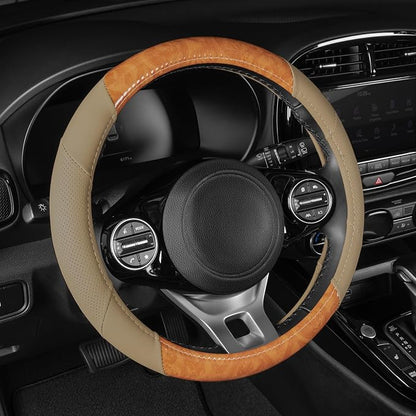 BDK BurlwoodLux Wood Grain and PU Leather Beige Steering Wheel Cover - Sport Grip for Car Auto SUV Trucks