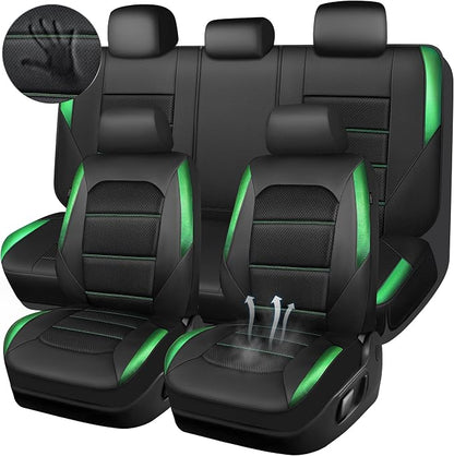 CAR PASS Memory 3D Foam Car Seat Covers Full Set, Breathable Mesh Thick Seat Covers for Car,Green Metal Film Leather Seat Covers, Universal Automotive Comfort for SUVs Trucks, Black Green