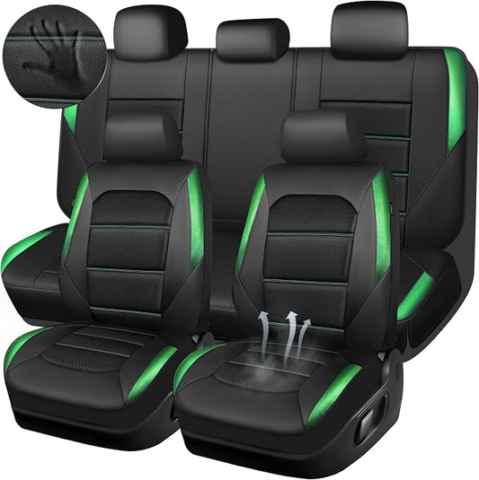CAR PASS Memory 3D Foam Car Seat Covers Full Set, Breathable Mesh Thick Seat Covers for Car,Green Metal Film Leather Seat Covers, Universal Automotive Comfort for SUVs Trucks, Black Green