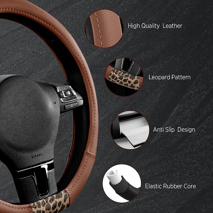 Road Comforts Steering Wheel Cover - Flat Bottom Wheel Cover Made with PVC Leather and Leopard Fabric - Universal Fit for 15-Inch D-Shaped Automotive Steering Wheels (Brown Color)