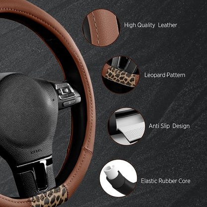 Road Comforts Steering Wheel Cover - Flat Bottom Wheel Cover Made with PVC Leather and Leopard Fabric - Universal Fit for 15-Inch D-Shaped Automotive Steering Wheels (Brown Color)