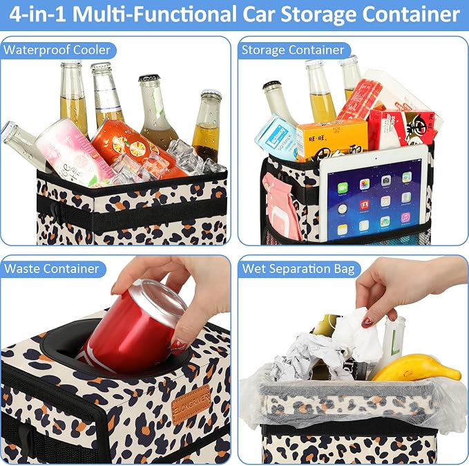 ELONGRIVER Car Trash Can Bin for Back Seat Leak Proof, Cute Car Trash Bag Hanging, Vehicle Trash Can for SUV Truck Van, Automotive Garbage Cans Front Seat Leopard Print