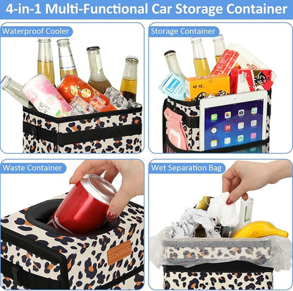 ELONGRIVER Car Trash Can Bin for Back Seat Leak Proof, Cute Car Trash Bag Hanging, Vehicle Trash Can for SUV Truck Van, Automotive Garbage Cans Front Seat Leopard Print