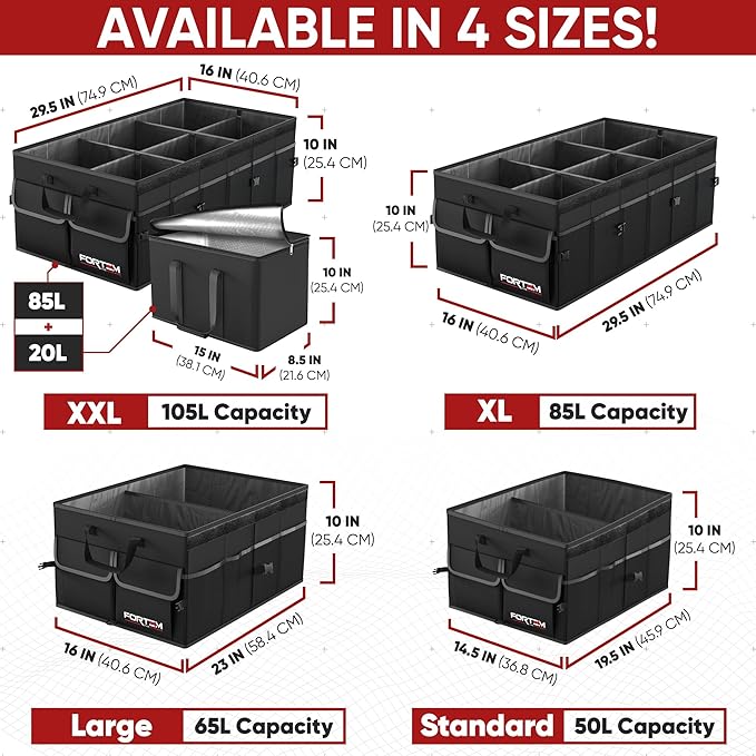 FORTEM Trunk Organizer with Cooler For SUV Car Trunk, Foldable Storage, Car Accessories for Women Men, Collapsible Bag, 600D Oxford, Non Slip Bottom, Straps, Soft Cover (105L)