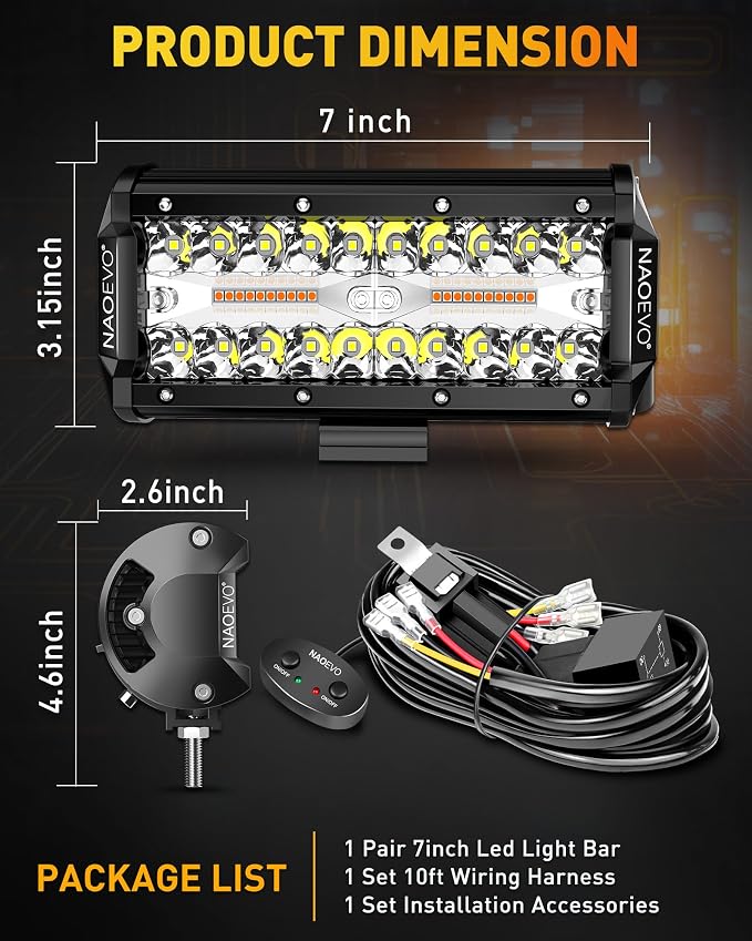 NAOEVO 7 Inch Light Bar, 240W 24,000LM Offroad Fog/Driving Lights LED Pods with 2 Leads Wiring Harness, Spot Flood Combo LED Work Lights for Truck Boat UTV ATV, 2-Pack (White/Amber/White&Amber)