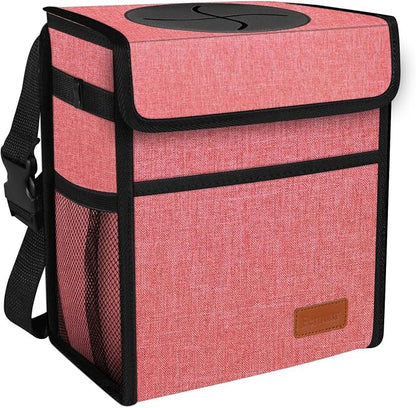 Femuar Car Trash Can with Lid - Leak Proof, Waterproof, Multipurpose Car Hanging for Headrest, Collapsible, Portable with Storage Mesh Pocket, Pink