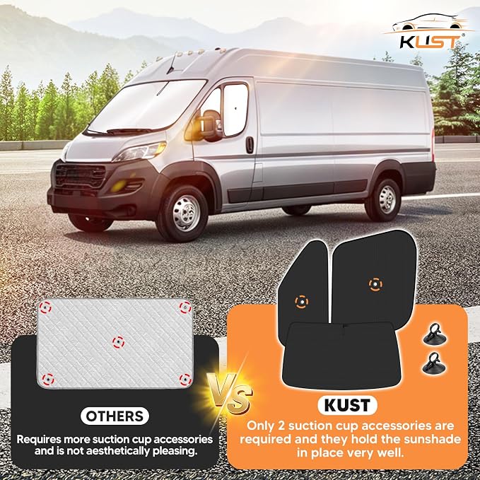 KUST 5-Pack Window Sun Shade for 2014-2025 Dodge RAM ProMaster Interior Accessories Full Size Cargo Van Sunshade Full Coverage Window Shades Silver & Black Shade, Sun Shield Blocks UV Rays Heat