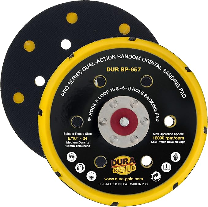 Dura-Gold Pro Series 6" Hook & Loop DA Backing Plate Pad, 15 (8 + 6 + 1) Hole Pattern Dustless - Low Profile Vented Edge, Dual-Action Random Orbital Sanding Pad, Sander Polisher Auto Woodworking