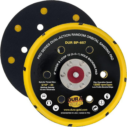 Dura-Gold Pro Series 6" Hook & Loop DA Backing Plate Pad, 15 (8 + 6 + 1) Hole Pattern Dustless - Low Profile Vented Edge, Dual-Action Random Orbital Sanding Pad, Sander Polisher Auto Woodworking