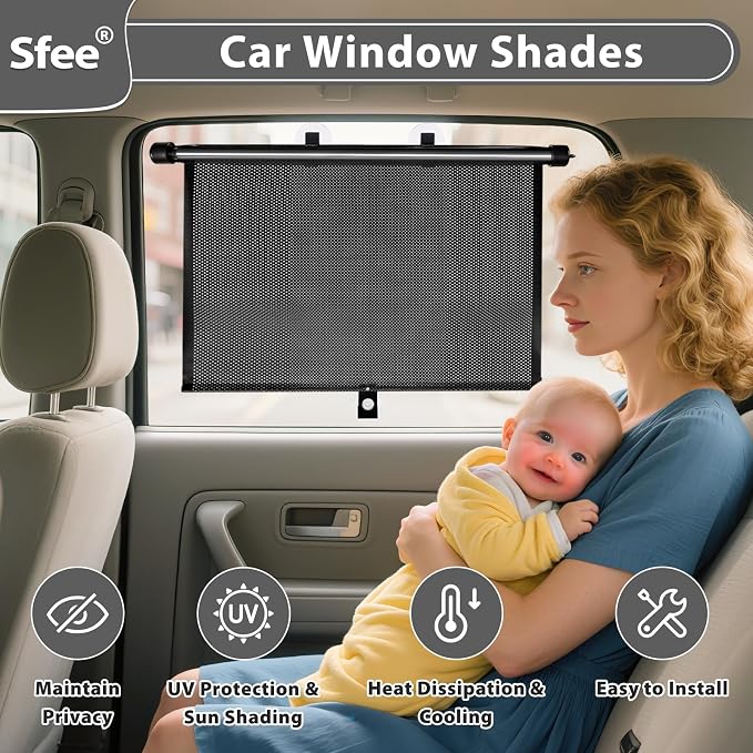 Sfee Car Window Shades for Baby-2 Pack Retractable Side Window Car Sun Shade Blocks UV Rays & Heat for Sun Protection Roller Sunshade Visor Window Shade for Kids,Passengers,Pets (20''x22'')