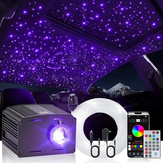 16W Twinkle & Music Sound Activated Starlight Headliner Kit for Car Home Star Ceiling, RGBW 300pcs*0.03in*9.8ft Fiber Optic Car Roof Sky Lights, Controlled Engine End Glow Fiber Strands