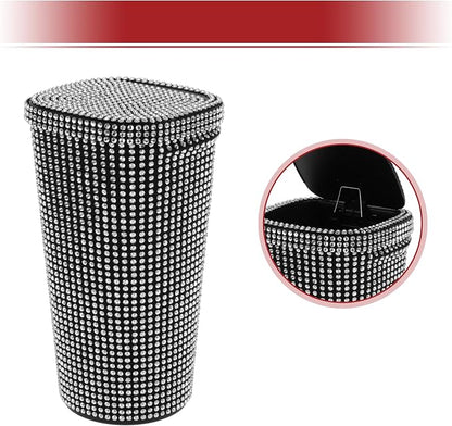 ACROPIX Car Trash Can Trash Bin Rhinestones Portable 3.5" Length 3.5" Width 6.3" Height White Rhinestone Plastic