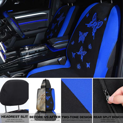 BBTO 43 Pcs Butterfly Car Seat Full Set Butterfly Car Accessories for Women 5 Front Rear Seat Covers Wrist Strap 2 Pcs Cup Mat Armrest Pad 2 Belt Xmas Cover Accessories for SUV(Blue, Black)