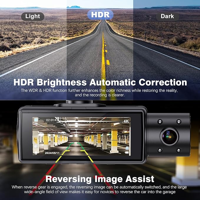 4K+1080P+1080P 5.8GHz WiFi Dash Cam Front and Rear Inside, Free 64G SD Card, 4K UHD 3 Channel Dash Camera for Cars, 360° All Sides Dashcam, G-Sensor, Night Vision, WDR, 24H Parking Monitor