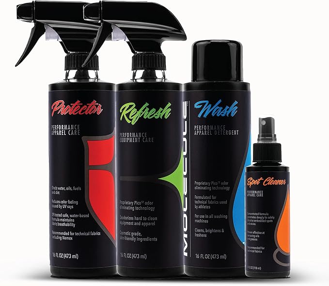 Molecule Complete Care Kit | Performance Apparel Care |16 Ounce Wash, Refresh, and Protector | 4 Ounce Spot Cleaner | Cleans, Protects, and Deodorizes Race Suits | Removes & Repels Stains | 1 Kit