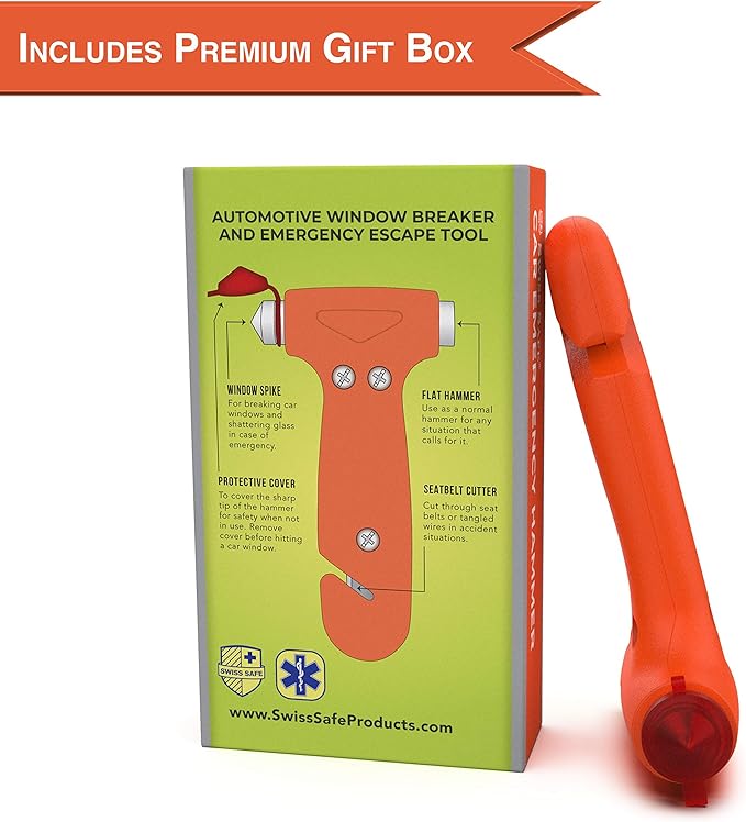 Swiss Safe Durable 5-1 Car Safety Hammer Window Breaker Breaker Tool w/Seatbelt Cutter - Emergency Escape Glass Hammer - Truck, Car Safety Essentials & Accessories - Orange, 1 Pack
