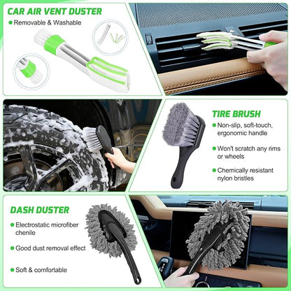 Nilight 27PCS Car Detailing Kit Auto Cleaning Tools Wash Set with Storage Carry Bag Home Use for Interior Exterior Deep Clean Polish Car Care Windshield Dashboard Seat Air Vents Wheels Tires, Green
