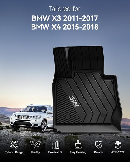 3W Floor Mats Compatible for BMW X3 F25 2011-2017 / BMW X4 2015-2018 xDrive28i/28d/35i/M40i Custom Fit TPE All Weather Floor Liner for 1st and 2nd Row Full Set Car Mats, Black