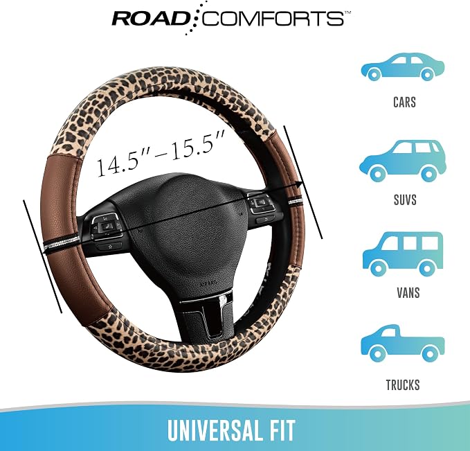 Road Comforts Leopard Steering Wheel Cover for Women, Cute Anti-Slip Microfiber Leather, Universal Fit 14.5-15 Inch Round Steering Wheel - Brown