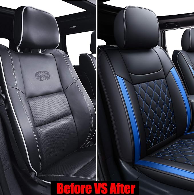 Huidasource Grand Cherokee Seat Covers, Waterproof Leather Customized Car Seat Cushion Covers, Full Set Seat Protector Compatible with Grand Cherokee 2011-2022, (5 Pcs Full Set/Black&Blue)