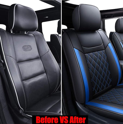 Huidasource Grand Cherokee Seat Covers, Waterproof Leather Customized Car Seat Cushion Covers, Full Set Seat Protector Compatible with Grand Cherokee 2011-2022, (5 Pcs Full Set/Black&Blue)