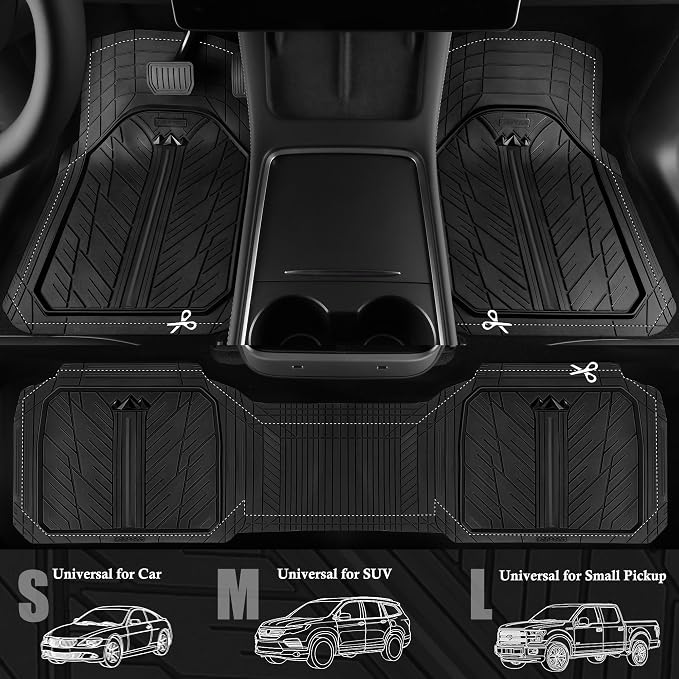 CAR PASS Heavy Rubber Car Floor Mats, Deep Waterproof Car Mats All Weather, Universal Trim-to Fit Automotive Floor Mats for Car SUV Truck Van, Durable Floor Liners Solid Black