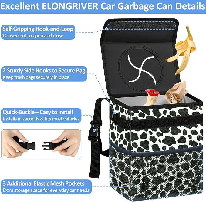 ELONGRIVER Car Trash Can Bin for Back Seat Leak Proof, Cute Car Trash Bag Hanging, Vehicle Trash Can for SUV Truck Van, Automotive Garbage Cans Front Seat Cow Print