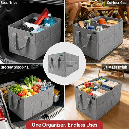 PAT SAM'S Car Trunk Organizer for SUV, Foldable Collapsible Storage Organizer with Dividers, Non-Slip Waterproof 600D Oxford, Backseat & Trunk Storage for Groceries, Tools, Toys (Gray)