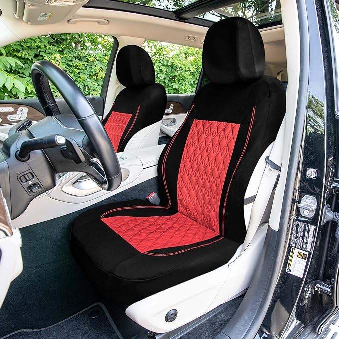 Universal Fit Diamond Stitched Flat Cloth Car Seat Covers Full Set - Red