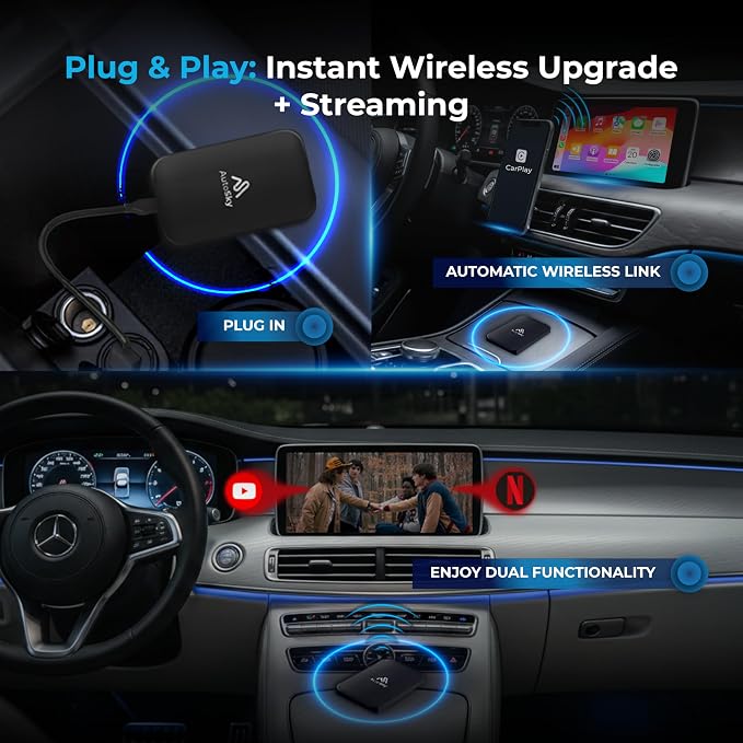 AUTOSKY LITE Box Dual Plus 2026 – Wireless CarPlay & Android Auto Adapter – Dual WiFi Module – Netflix & YouTube Support – Stable Connection, No Reconnect Needed