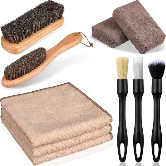 Weysat 10 Pcs Leather Car Interior Detailing Brush Set, Microfiber Cloth Applicator, Absorbent Sponge Block, Natural Bristles Brushes Scratch-free Ultra-soft for Interiors Furniture Seats Leather Care