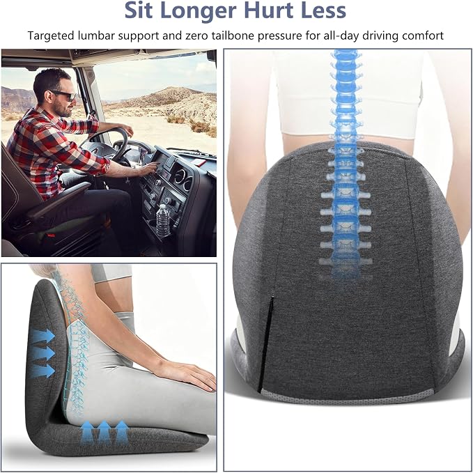 Car Seat Cushion with Lumbar Support Pillow - Memory Foam Driver Seat Cushion for Back & Sciatica Pain Relief, Washable Cover, Non-Slip Bottom for Long Driving, Office Chair & Truck (Grey)