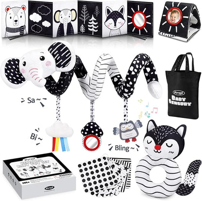 Joyreal High Contrast Baby Toys for Newborn, Black and White Baby Sensory Toys with Car Seat Toys,Infant Toys with Black White Cards Book, Montessori Toys for Baby Gifts (Elephant Theme)