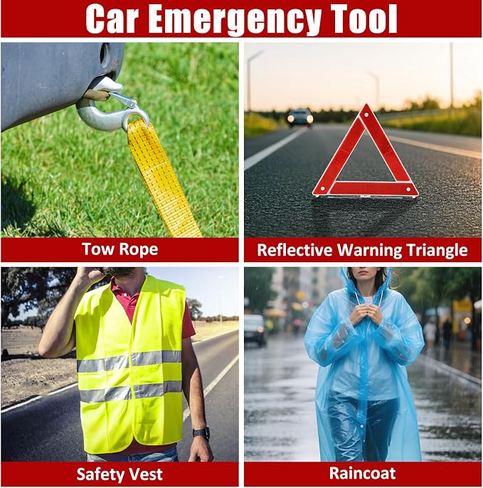 Car Roadside Emergency Kit, Car Safety Kit Portable Vehicle Kits for Emergency with Jumper Cables, Tow Straps, Safety Hammer, Black