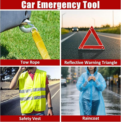 Car Roadside Emergency Kit, Car Safety Kit Portable Vehicle Kits for Emergency with Jumper Cables, Tow Straps, Safety Hammer, Black